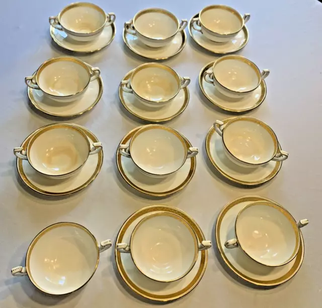 Set 12 MINTON GOLD Encrusted Leaves Cream Soup Boullion Cups + 11 Saucers H1916