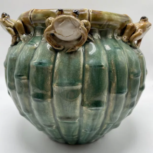 Vintage Majolica Style Glazed Pottery Planter 6 FROGS On Bamboo