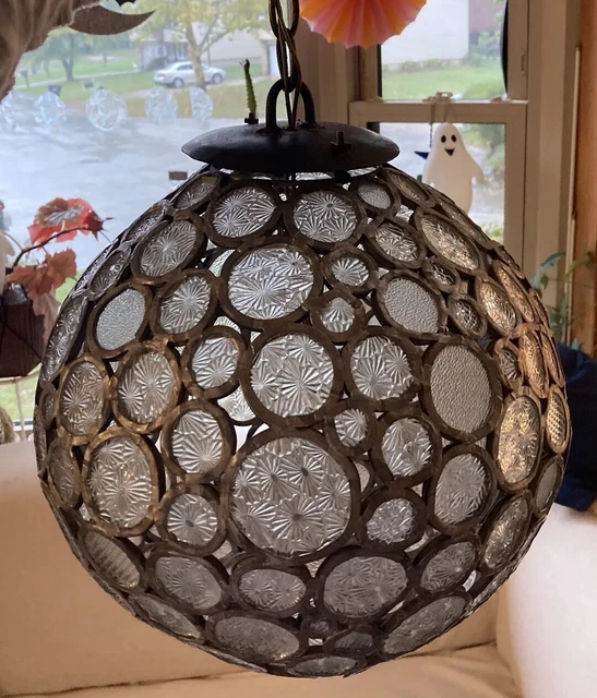 Vintage Mid Century Modern Large Clear Glass Globe Hanging Ceiling Light Pendant