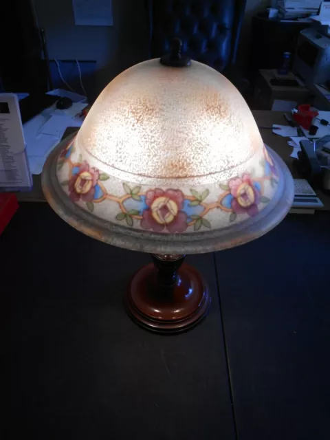 Antique Signed Pairpoint Reverse Painted Flowers Table Lamp Turned Wood Base22"