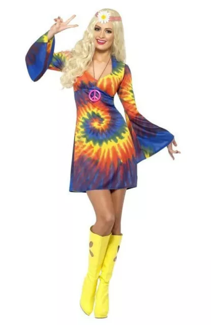 Ladies Tie Dye 60s 70s Hippy Costume womens 1960s 1970s Go Go Hippie Fancy Dress 2