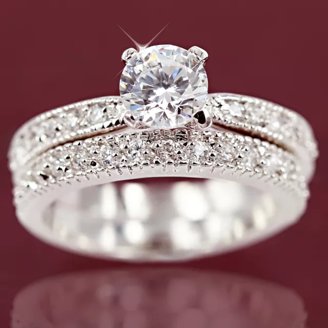 18K White Gold Gf Simulated Diamond Channel Set Lady Engagement Wedding Ring Set