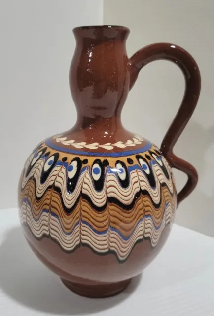 Vintage Bulgarian Troyan  Clay Jug Pitcher Traditional  Feather Painting Redware