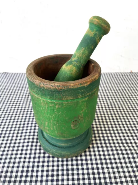 Antique Wood Mortar & Pestle, 5-1/2" Tall, Green Paint, Vintage Apothecary