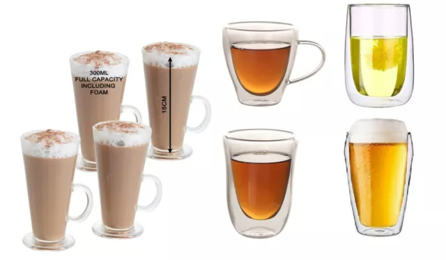 300ML Latte Glasses & 250,280,85ML Double Wall Cups Mugs for Coffee Cappuccino