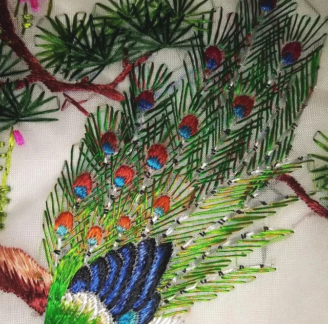 Vtg Asian Hand Embroidery Art Tapestry Peacock Bird 11.5"H x 9"W Unframed Lovely