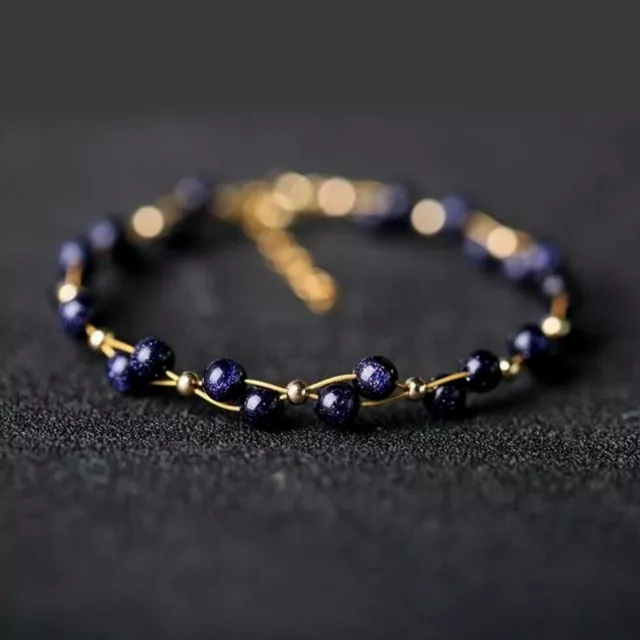 Pulsera de cuentas de piedra dorada azul de 4 mm Pulsera de piedra arenisca azul