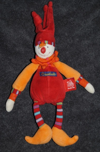 Peluche Doudou Clown MOULIN ROTY Dragobert Rouge Lutin Arlequin Hochet 24 cm