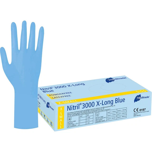 Guantes Meditrade Nitril 3000 X-Long Blue 1282 azul, talla XL