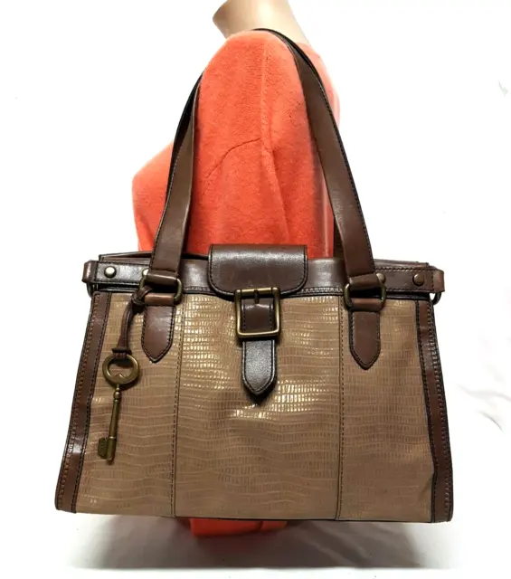 Fossil Vintage Revival Brown & Tan Textured Metallic Leather Satchel Handbag