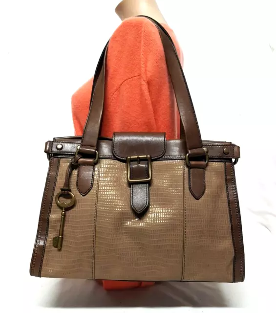 Fossil Vintage Revival Brown & Tan Textured Metallic Leather Satchel Handbag Fossil Vintage Revival Brown & Tan Textured Metallic Leather Satchel Handbag