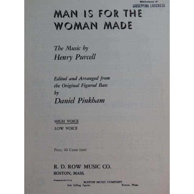 PURCELL Henry Man Is For The Woman Made Chant Piano 1950