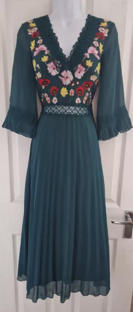 Women's Asos Dress UK4 Green Midi Boho Sexy Floral Pleated Wedding Party Pretty