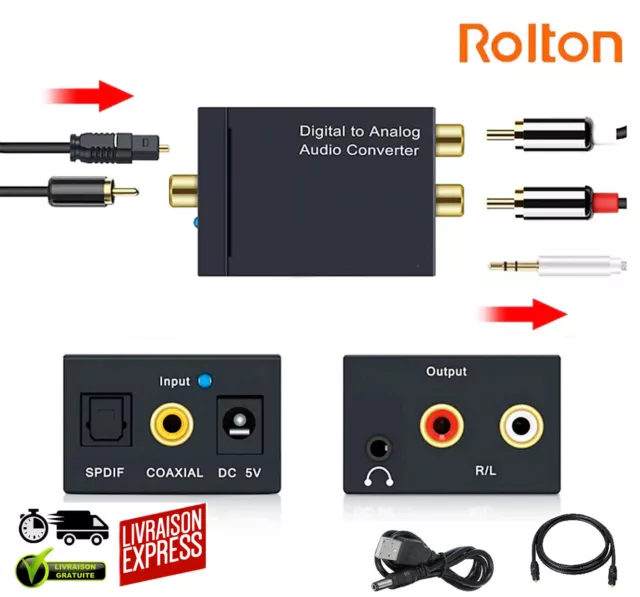 Adaptateur de convertisseur audio numérique vers analogique Jack 3,5 mm  Décodeur RCA Signal coaxial à fibre optique