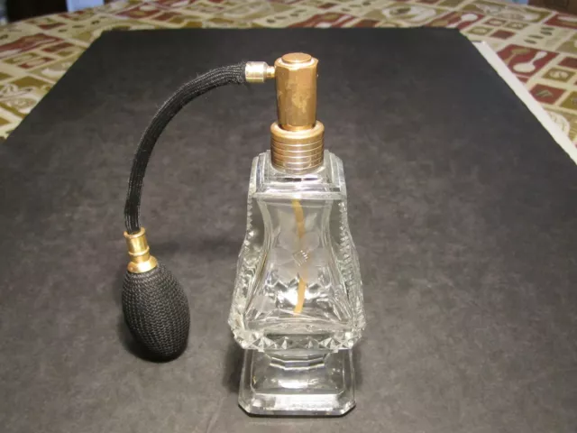 Old Marked Czechoslovakia Clear Etched & Cut Glass Perfume Bottle Atomizer Set