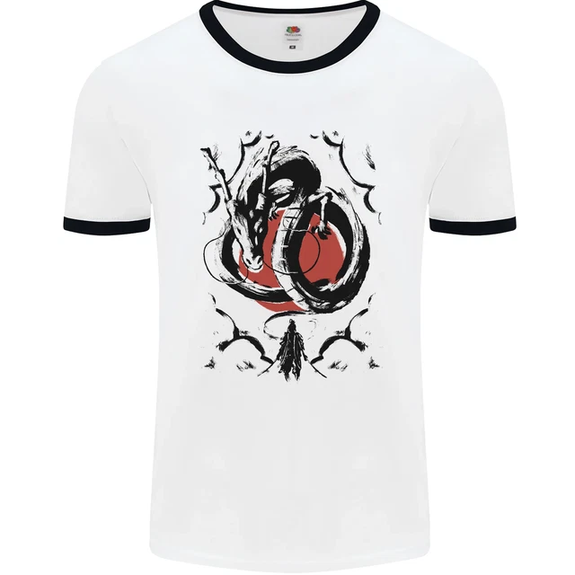 Samurai Warrior Dragon & Sun Fantasy MMA Mens Ringer T-Shirt