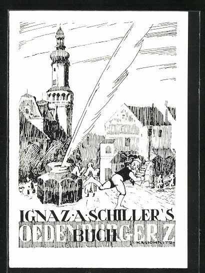 Exlibris Ignaz A. Schiller, Zwerg und riesiges Tintenfass mit Schreibfeder