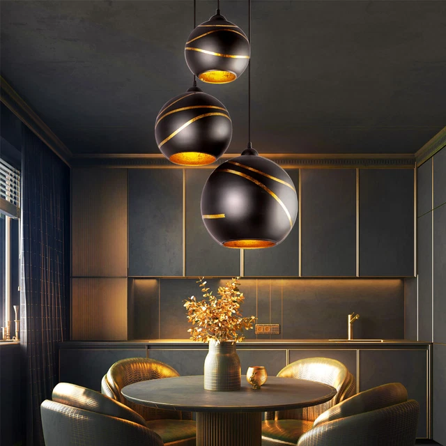 Decken Hängelampe Pendelleuchte schwarz gold 3 flammig Glas Kugel Lampenschirme
