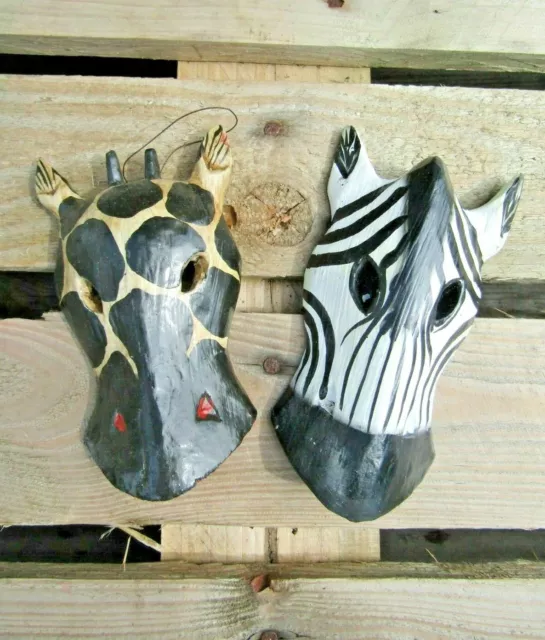 Hand Carved Made Wooden Giraffe Zebra Animal Wall Art Plaque Mask Set Of 2