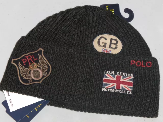 POLO RALPH LAUREN Men's Great Britain Motorcycle Patch Trawler Beanie Hat, OLIVE