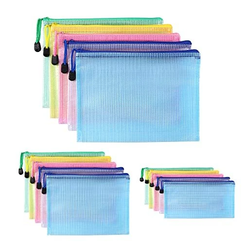 Oderra Pochette Plastique A4+A5+A6 15PCS Pochette Zippée PVC Mesh Zipper Pouc...