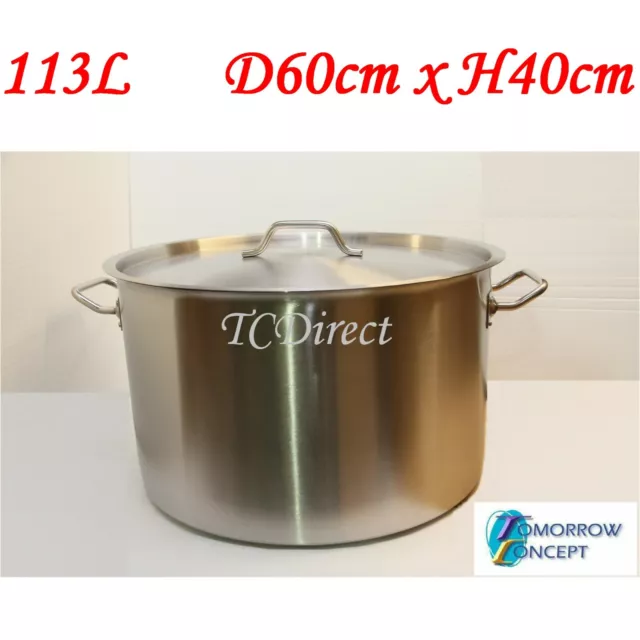 113L 60cm Commercial Stainless Steel Stock Pot Saucepan with Lid (D600xH400)