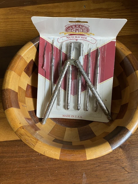 Vintage Nut Cracker Set With Wooden Bowl with 2 Nut Crackers/Picks