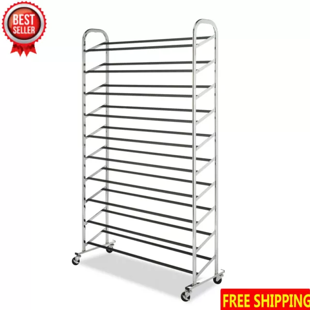 10 Tier Rolling 50 Pair Shoe Rack Portable Heavy Duty Organizing Metal Chrome US