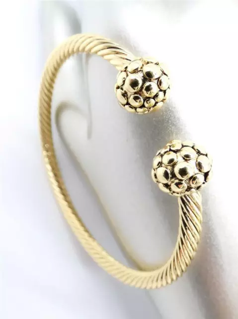 NEW 18kt Gold Plated Balinese Dot Texture Ball End Tips Thin Cable Cuff Bracelet