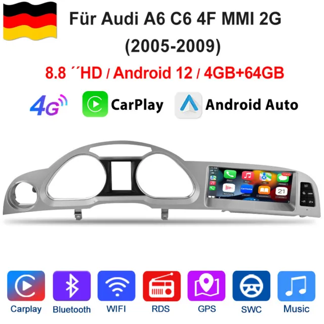 8.8" Android 12 Autoradio CarPlay Für AUDI A6 C6 MMI 2G 2005-2009 4+64GB GPS