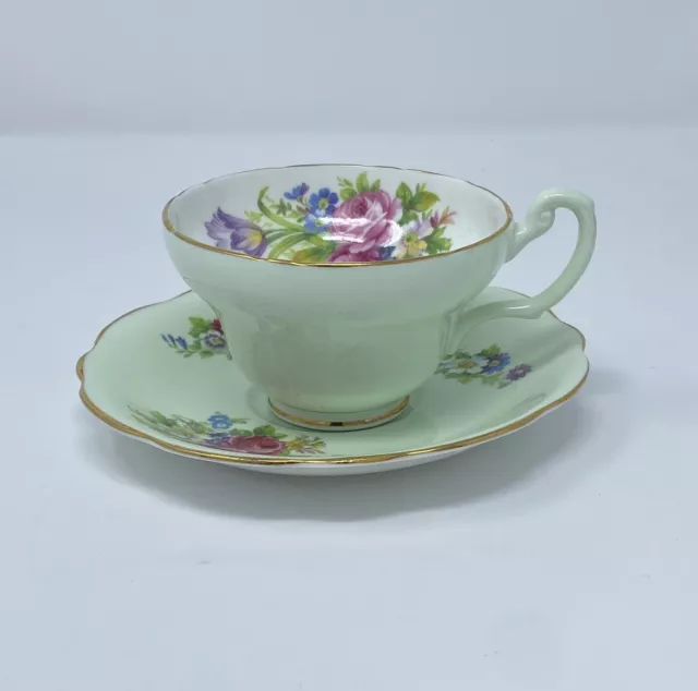 EB Foley English Teacup & Saucer Tulip Pale Green & Roses Fine Bone China Vtg