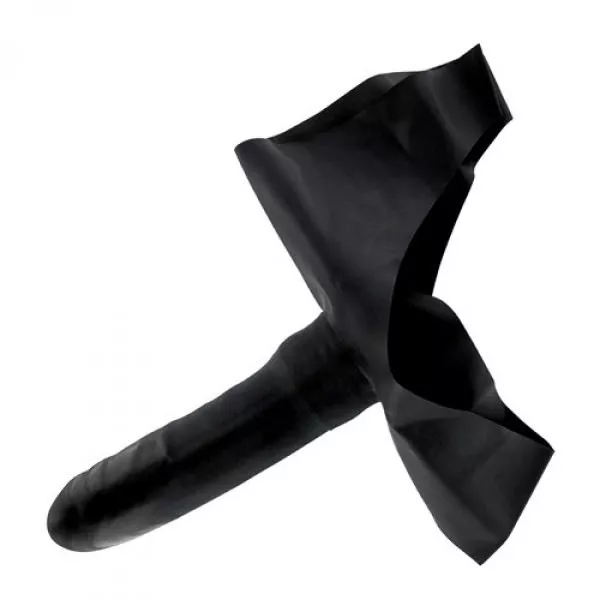 Mutande Slip Strap-On Indossabile in Latex Nero con 1 Dildo Esterno