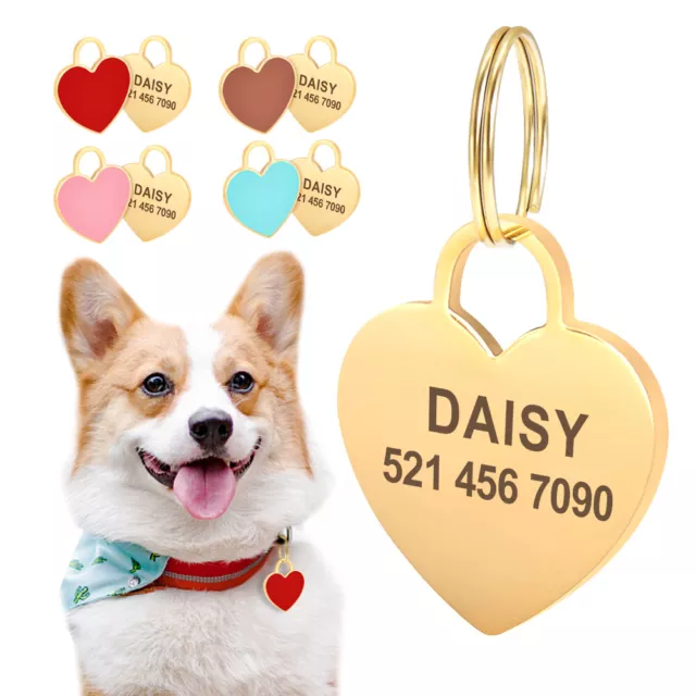 Cute Heart Shape Pet Cat Dog Tags Personalised Disc Disk ID Collar Tag Engraved