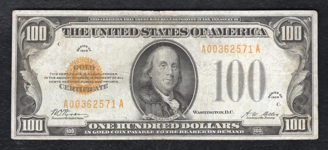 Fr. 2405 1928 $100 One Hundred Dollars Gold Certificate Note Very Fine