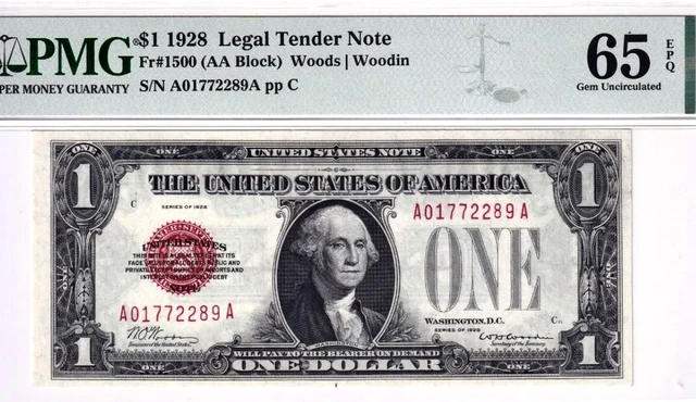 1928 $1 Fr.1500 Red Seal PMG 65EPQ Gem💎 Legal Tender Note GORGEOUS VIBRANT💎
