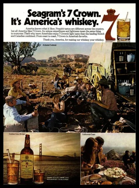 1972 Seagram's 7 Crown Golden Gate Bridge San Francisco Arizona Cookout Print Ad