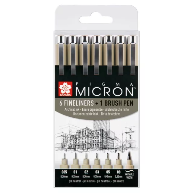 Ensemble de 6 stylos à doublure fine encre noire archivistique et 1 stylo brosse