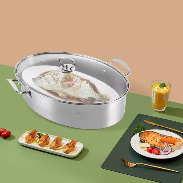 Multi-Use Oval Roasting Pan Stainless Steel Fish Steamer with Lid & Rack STOCK