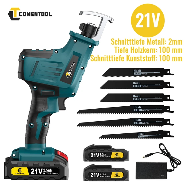 Seghetto a sciabola a batteria 21 V con batterie 2x2500mAh 0-3000 giri 6 lame