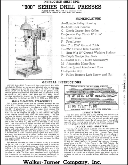 Operator Instruction & Parts Manual Fits WALKER TURNER 900 Series Drill Press