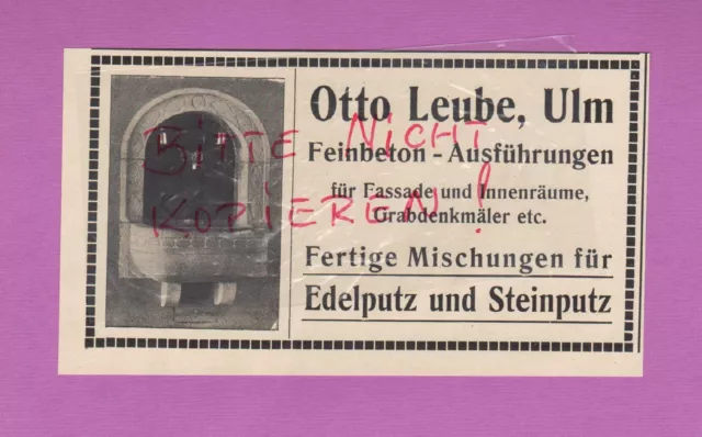 ULM, Werbung 1913, Otto Leube Feinbeton Edelputz Steinputz für Fassaden