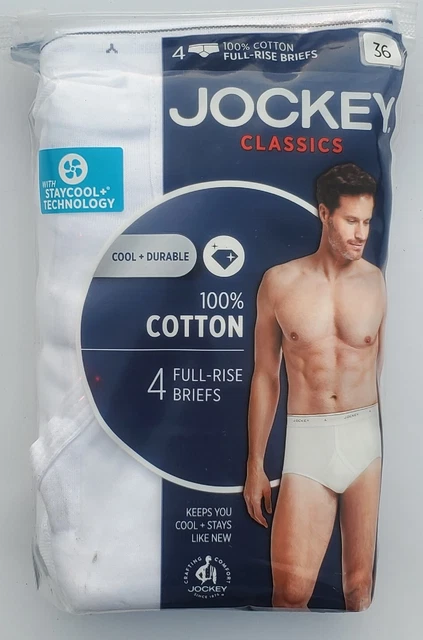 Jockey Men's Briefs, 4 Pack White, Full Rise, Size 36, Tighty Whities