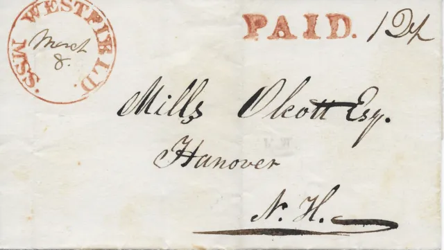 1831 Stampless Cover from Westfield, MA (Hampden County) to Hanover, NH