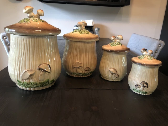 4 Vtg 1970s Arnel's Ceramic Mushroom Canisters & Lids Kitchen Container