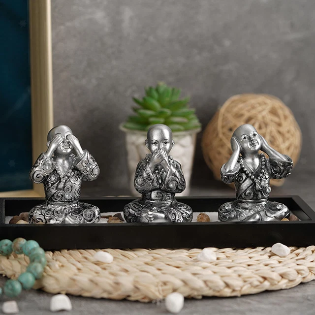 Statues de 3 moines sages en résine, artisanat de bouddha, ornements de pièce