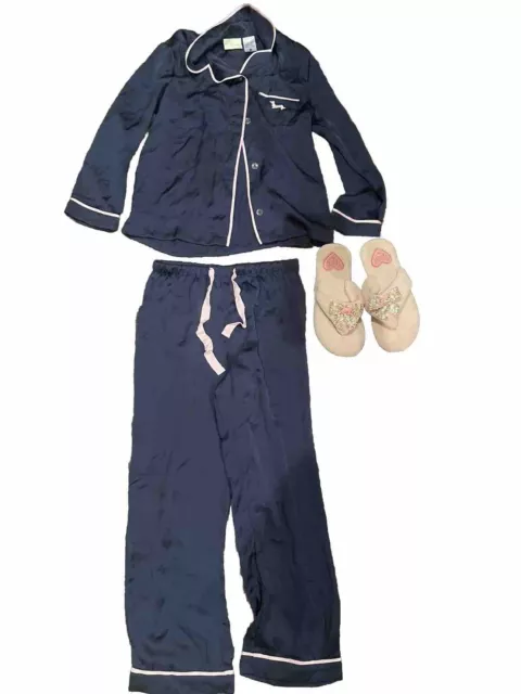 Peter Alexander Blue/pink Satin Long Set Pyjamas Junior Size 6 Pj & Slipper