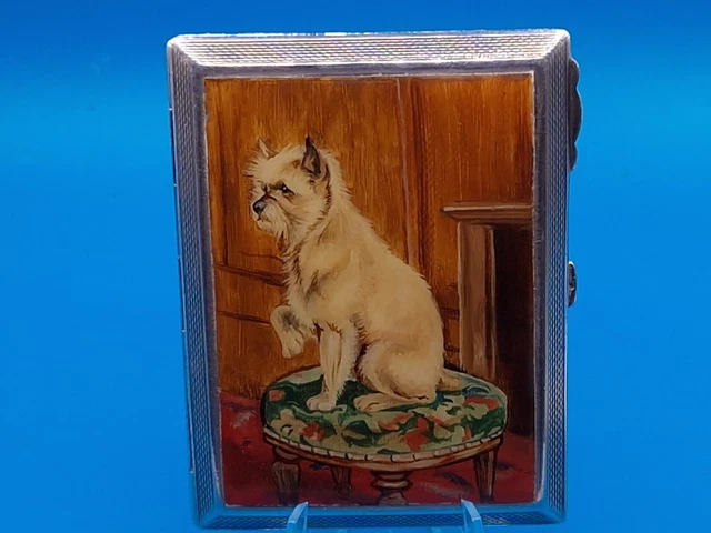 Splendido cane compatto argento massiccio Art Déco dipinto a mano 1938 Birmingham