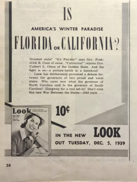 LOOK Magazine Rates California vs Florida Winter Paradise Vintage Print Ad 1939