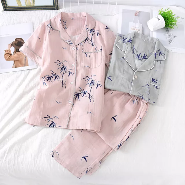 Autumn Women 100% Gauze Cotton Pajamas Men Short Sleeve Trousers Home Wear Pjs