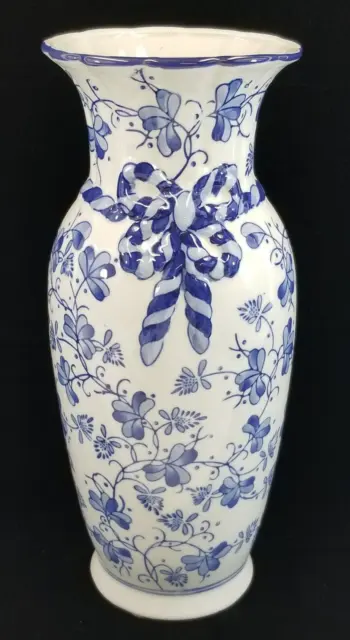 Chinese Japanese Blue White Floral Ribbon Porcelain Tall Vase 14" Marked